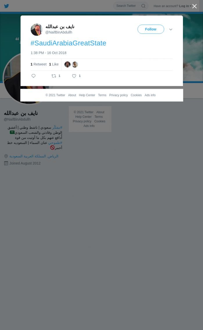 لقطة لاول تغريدة في هاشتاق #SaudiArabiaGreatState