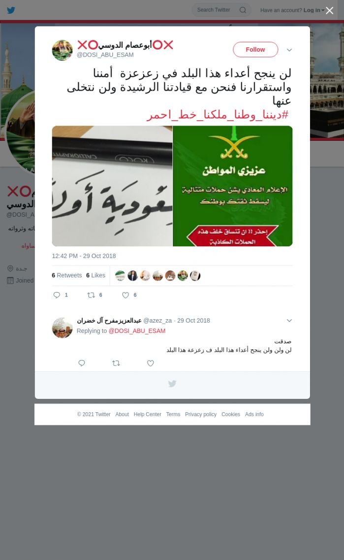 لقطة لاول تغريدة في هاشتاق #ديننا_وطنا_ملكنا_خط_احمر