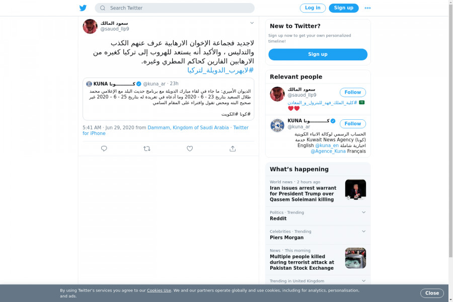 لقطة لاول تغريدة في هاشتاق #لايهرب_الدويله_لتركيا